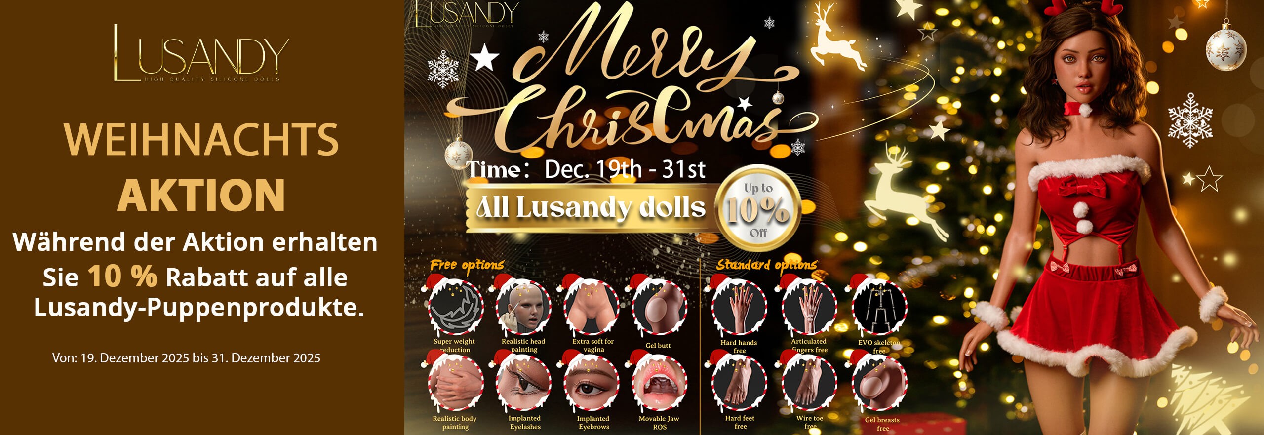 Lusandy Weihnachtsaktion: 19. Dezember 2025 bis 31. Dezember 2025. Während der Aktion erhalten Sie 10 % Rabatt auf alle Lusandy-Puppenprodukte.