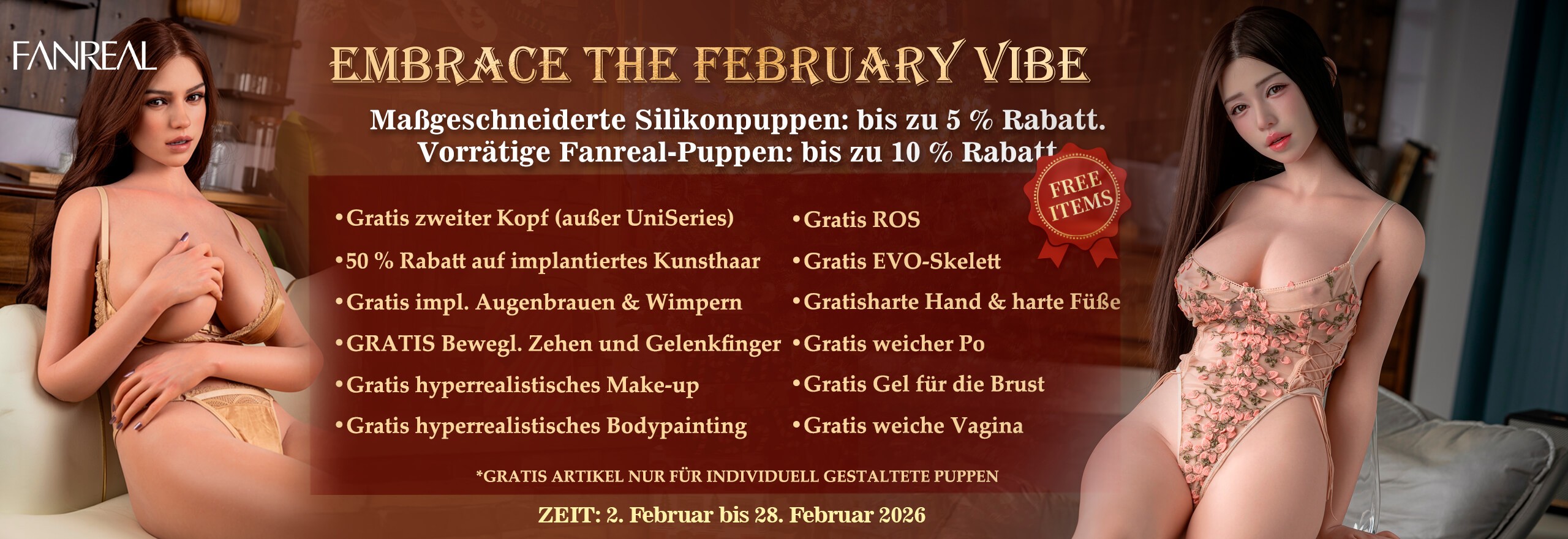 Fanreal - Maßgeschneiderte Silikonpuppen: bis zu 5 % Rabatt.  Vorrätige Fanreal-Puppen: bis zu 10 % Rabatt. ZEIT: 2. Februar bis 28. Februar 2026